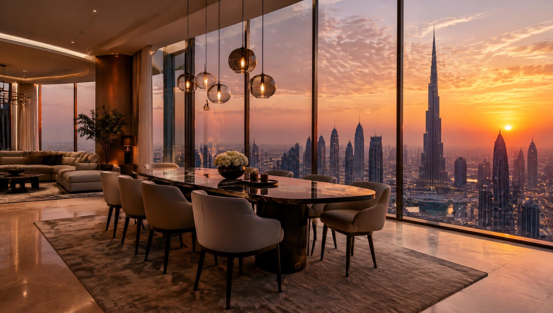 Penthouse overlooking the Dubai skyline at sunset